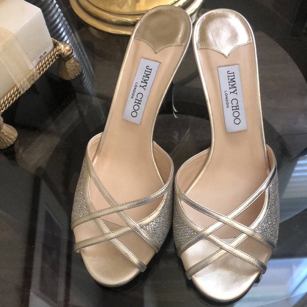 Jimmy Choo DAZE Champagne Glitter Mules size 39 Holiday New Years Eve $695  NEW